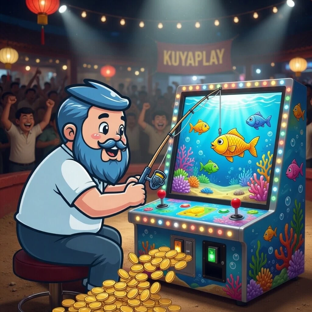 KuyaPlay mobile app displayed on two smartphones - one showing the game lobby with slot thumbnails, the other showing a live baccarat table in progress, both on a sleek dark background
